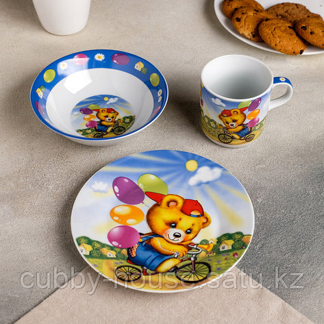 Набор детской посуды Доляна «Мишка на велосипеде», 3 предмета: кружка 230 мл, миска 400 мл, тарелка d=18 см, фото 2