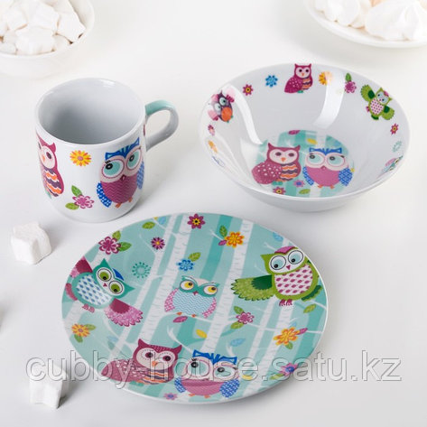 Набор детской посуды Доляна «Совушки», 3 предмета: кружка 230 мл, миска 400 мл, тарелка d=18 см, фото 2
