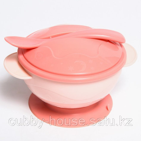 Набор для кормления: миска на присоске с крышкой, ложка, цвет розовый   7486894, фото 2