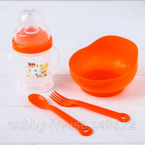 Набор детской посуды, 4 предмета: миска 300 мл, бутылочка для кормления 180 мл, ложка, вилка, цвета МИКС, фото 2