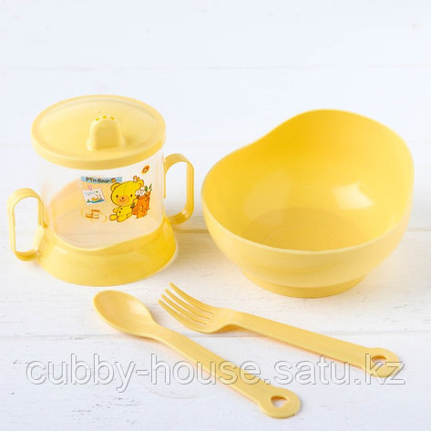 Набор детской посуды, 4 предмета: миска, ложка, вилка, поильник с твёрдым носиком 200 мл, цвета МИКС, фото 2