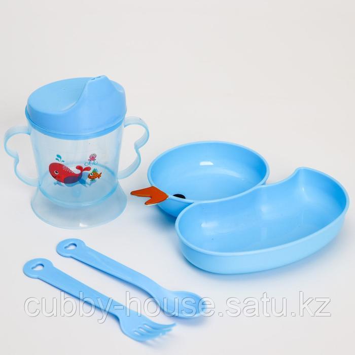Набор посуды 4 предмета, миска, вилка и ложка, поильник твердый носик 200 мл., цвет МИКС 4724453