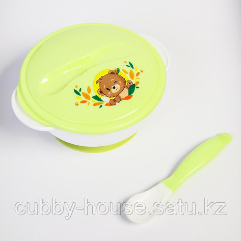 Набор детской посуды «Друзья», 3 предмета: тарелка на присоске, крышка, ложка, цвет зелёный, фото 2