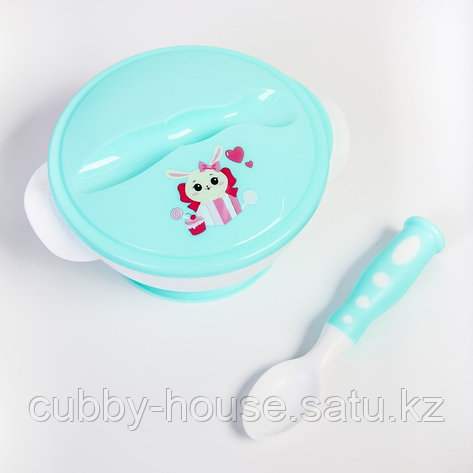 Набор детской посуды «Зайчик», 3 предмета: тарелка на присоске, крышка, ложка, цвет бирюзовый, фото 2