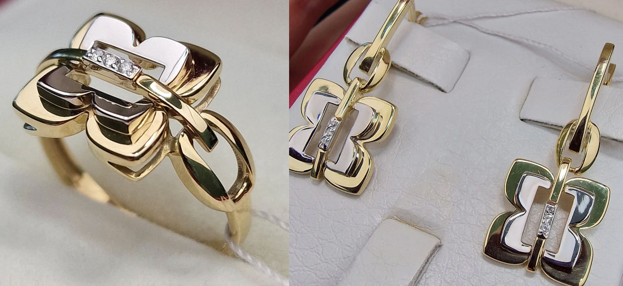 Золотой набор с бриллиантами (кольцо 0.02Ct VS1/H, EX-Cut , серьги 0.03Ct VVS1/G, EX-Cut )