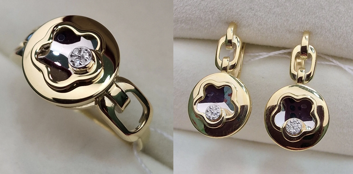 Золотой набор с бриллиантами (кольцо 0.01Ct VS1/H, EX-Cut, серьги 0.03Ct VS1/H, EX-Cut )