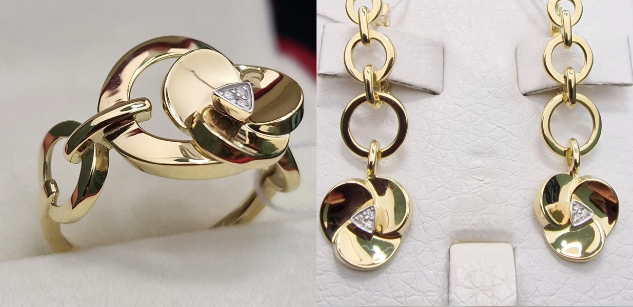 Золотой набор с бриллиантами (кольцо 0.02Ct VS1/H, EX-Cut, серьги 0.03Ct VVS1/H, EX-Cut )