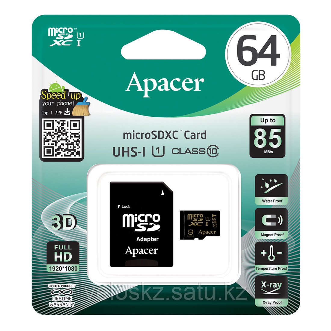 Карта памяти MicroSD 64GB Apacer AP64GMCSX10U1-R, MicroSDHC с адаптером SD