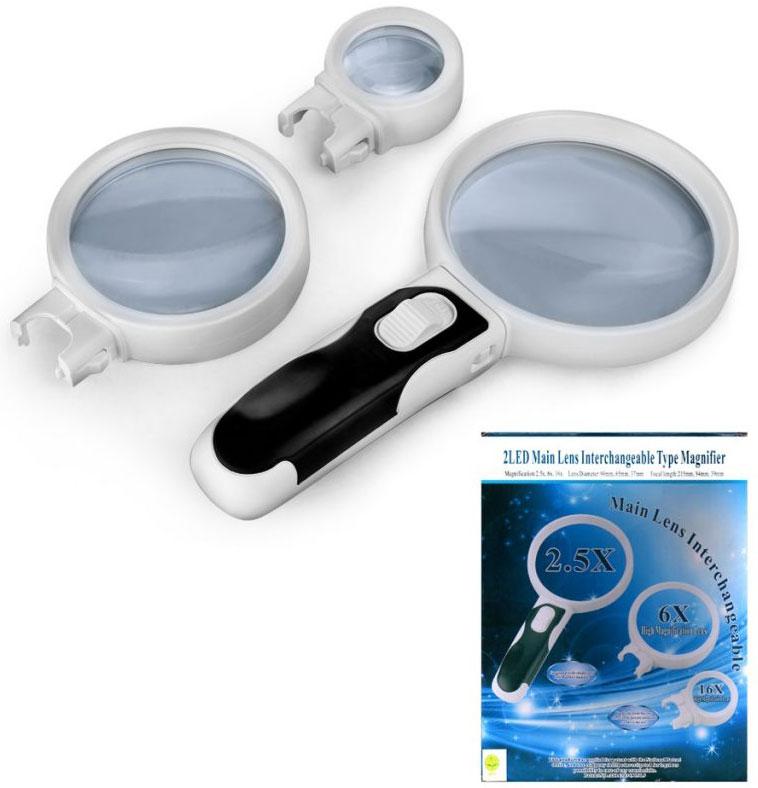 Лупа Kromatech ручная круглая со съемными линзами: 2,5x/ 90 мм; 6x/65 мм; 16x/37 мм, с подсветкой (2 LED), фото 1