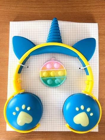 Беспроводные детские наушники Bluetooth с светящимися ушками синие, фото 2