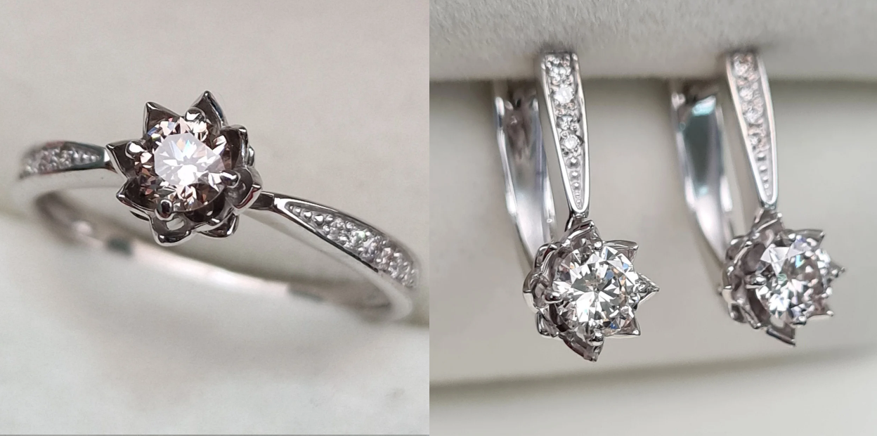 Золотой набор с бриллиантами (кольцо 0.332Ct SI1/N-H, VG-Cut , серьги 0.66Ct SI2/K, Ex-Cut)