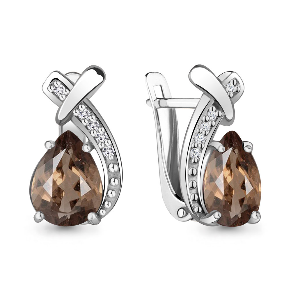 Серьги серебряные классические Кварц дымчатый Фианит Aquamarine 4450001А.5 покрыто родием