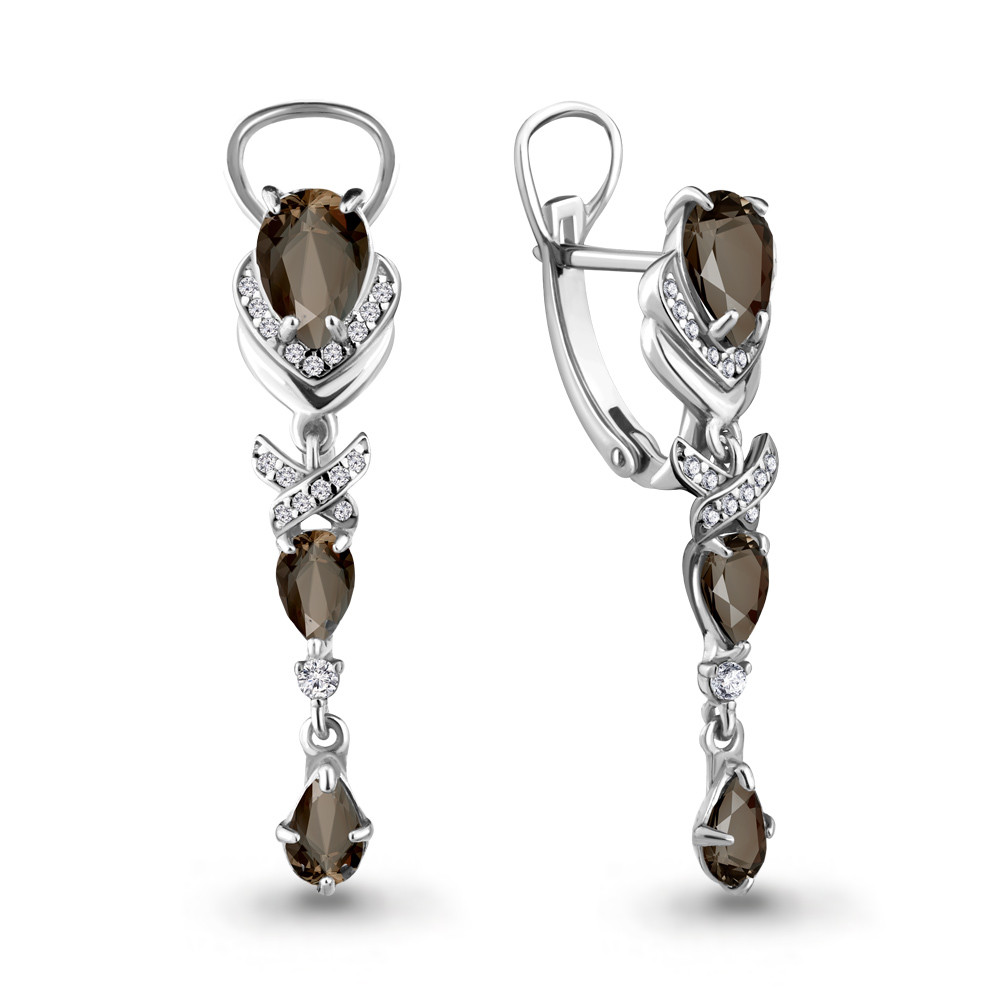 Серьги длинные из серебра Кварц дымчатый Фианит Aquamarine 4707501А.5 покрыто родием