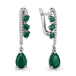 Серьги длинные из серебра  Агат зеленый  Фианит Aquamarine 4700809А.5 покрыто  родием