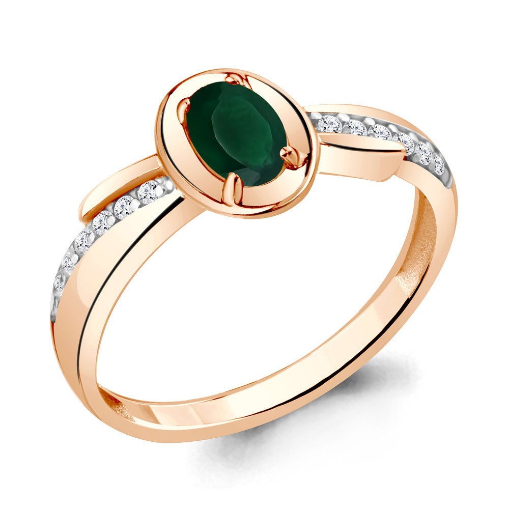 Кольцо из серебра  Агат зеленый  Фианит Aquamarine 6942609А.6 позолота