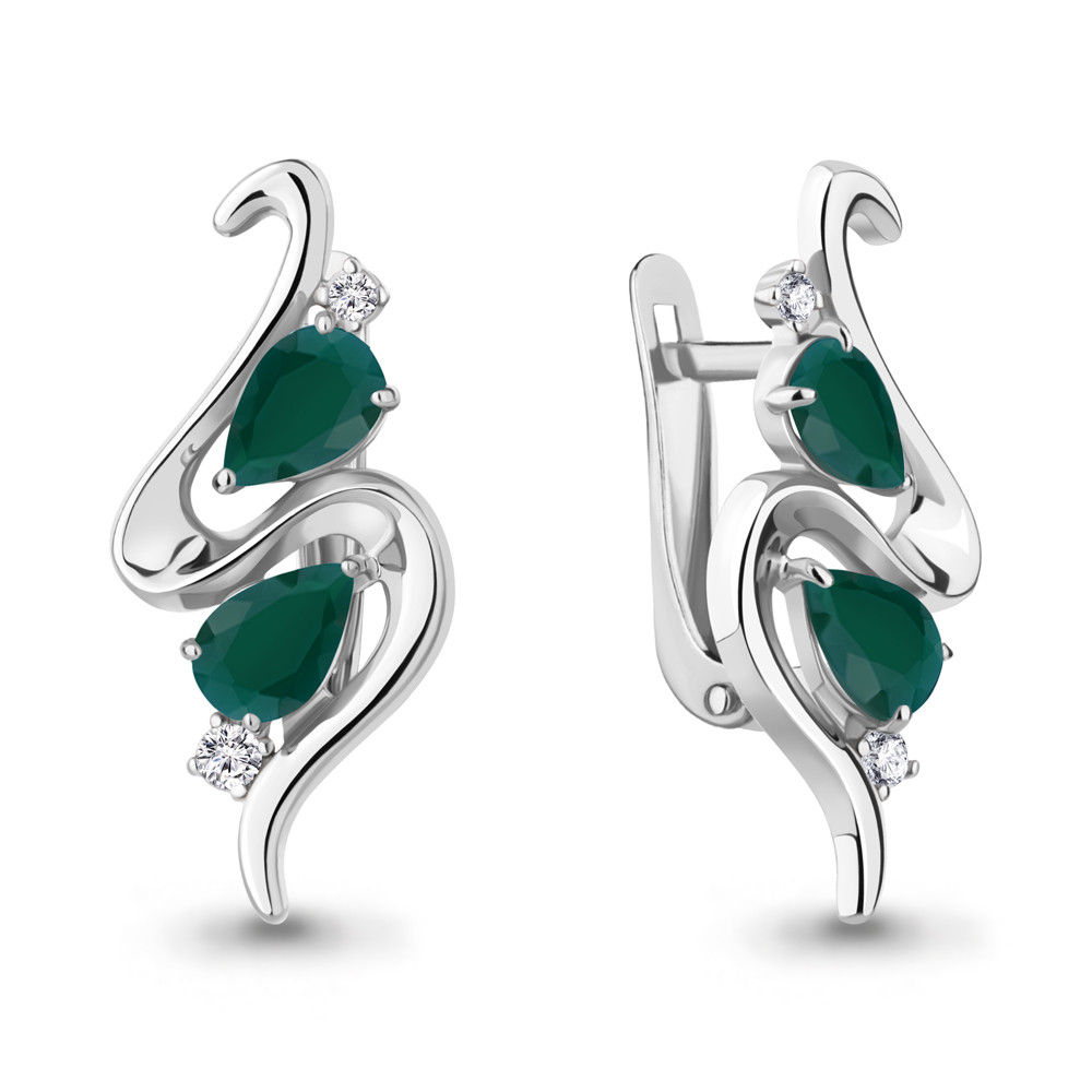 Серьги серебряные классические Агат зеленый Фианит Aquamarine 4765909А.5 покрыто родием