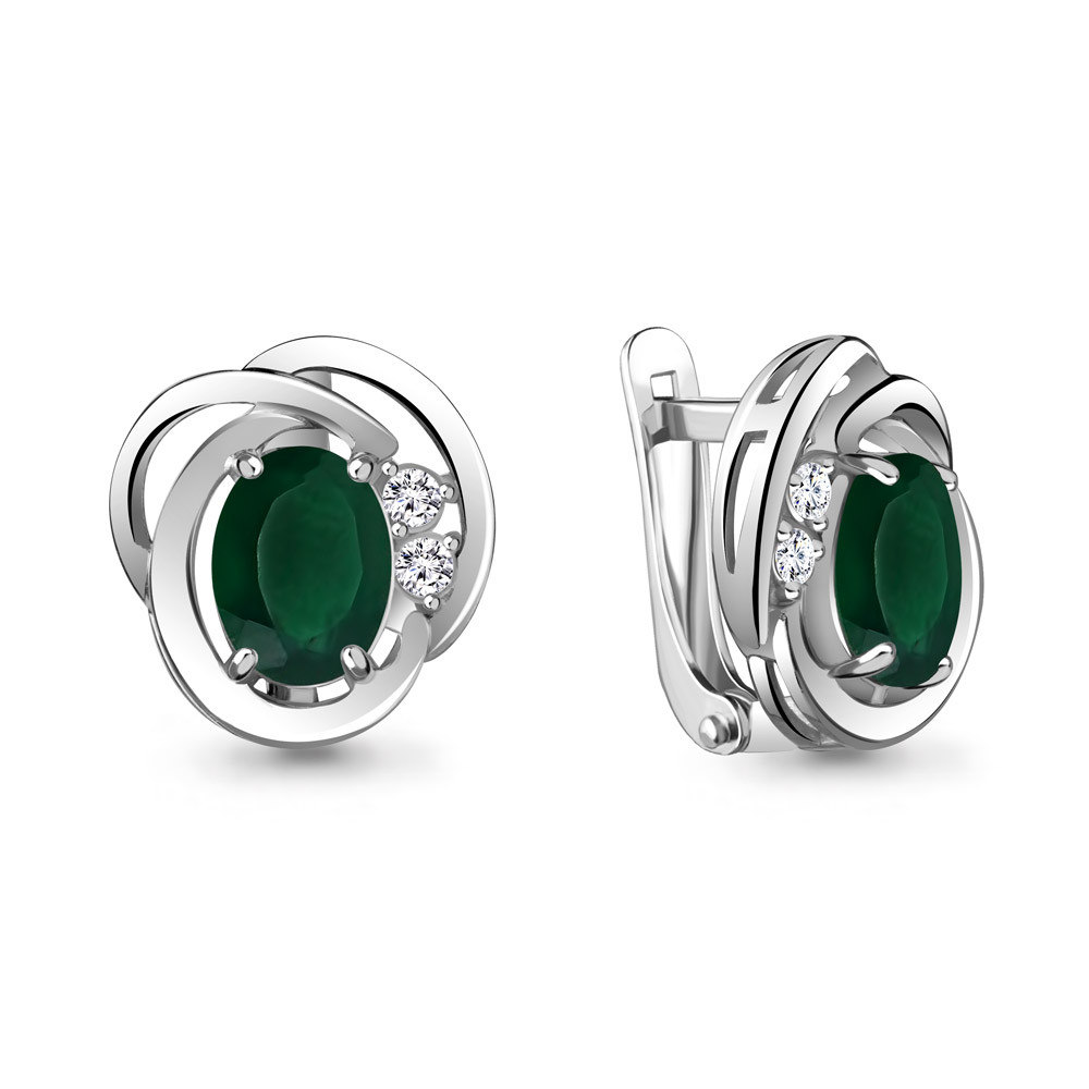 Серьги серебряные классические Агат зеленый Фианит Aquamarine 4741309А.5 покрыто родием