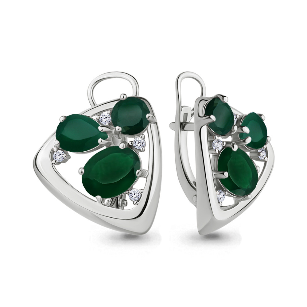 Серьги серебряные классические Агат зеленый Фианит Aquamarine 4706709А.5 покрыто родием
