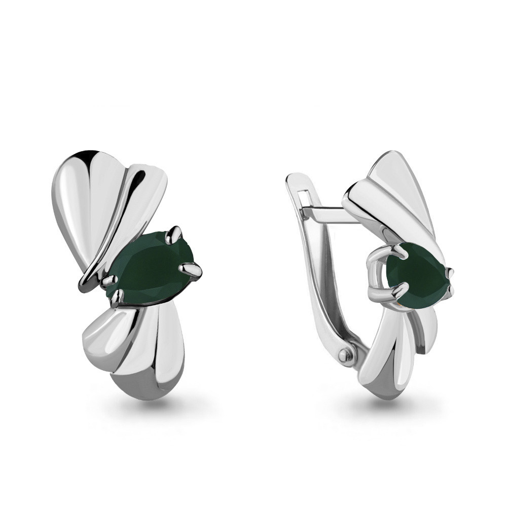 Серьги серебряные классические Агат зеленый Aquamarine 4489509.5 покрыто родием