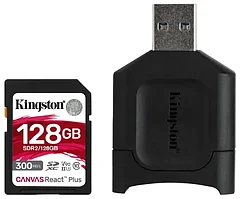 Карта памяти SD, Kingston Canvas React Plus, 128GB,MLPR2/128GB, UHS-II, R300/W260 + USB Adapter