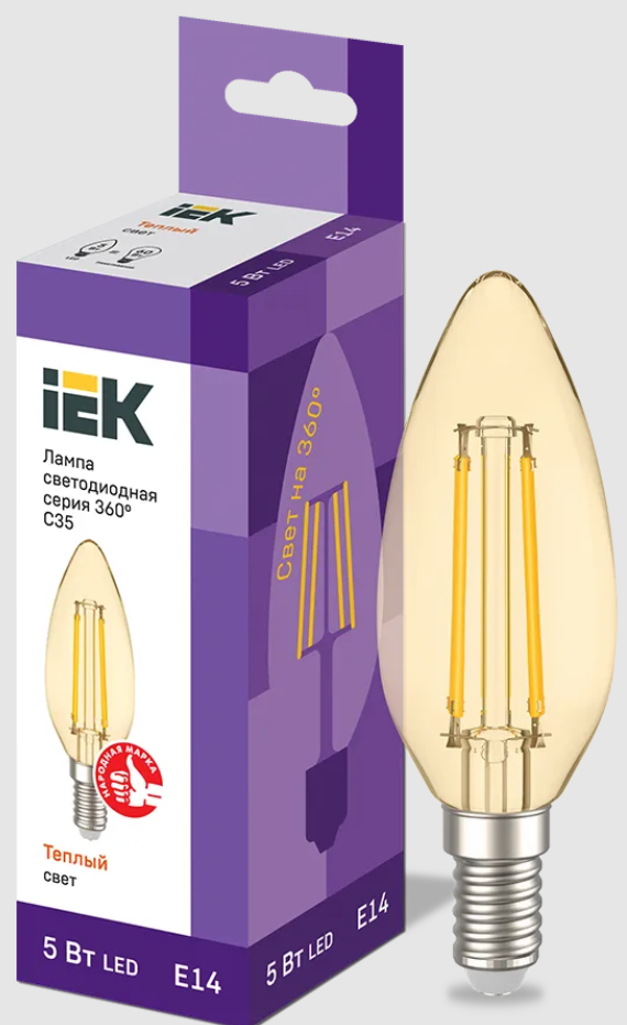 Лампа светодиодная C35 свеча золото 7Вт 230В 2700К E14 серия 360° IEK - фото 1 - id-p102930305