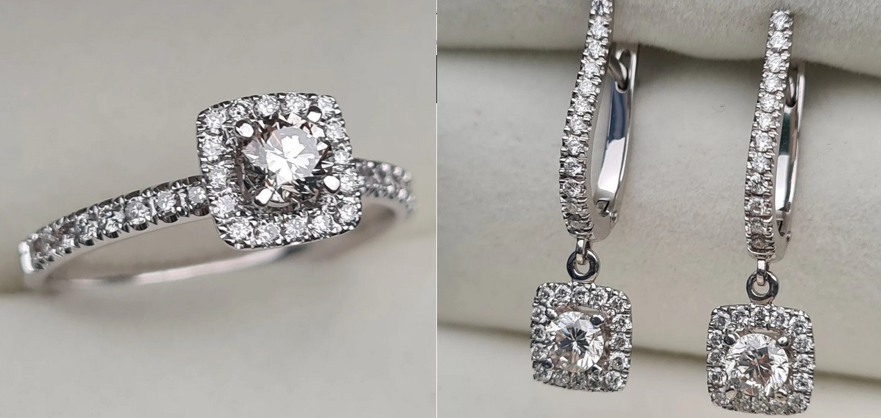 Золотой набор с бриллиантами (кольцо Сертификат IGI 0.92Ct VS2/J, серьги Сертификат IGI 1.01Ct VS1-SI1/J, VG )