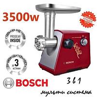 Кеббе мен шұжықтарға арналған саптамалары бар BOSCH CH-1291 3500W 3-і 1-де ет тартқыш-мультисистема (Қызыл)