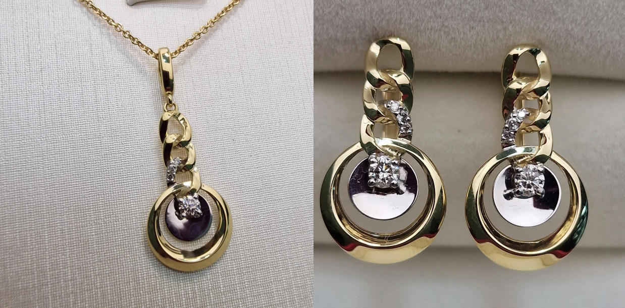 Золотой набор с бриллиантами ( колье с бриллиантом 0.112Ct SI1/L, VG-Cut цепочка 50см, серьги 0.232Ct VS2-SI1)