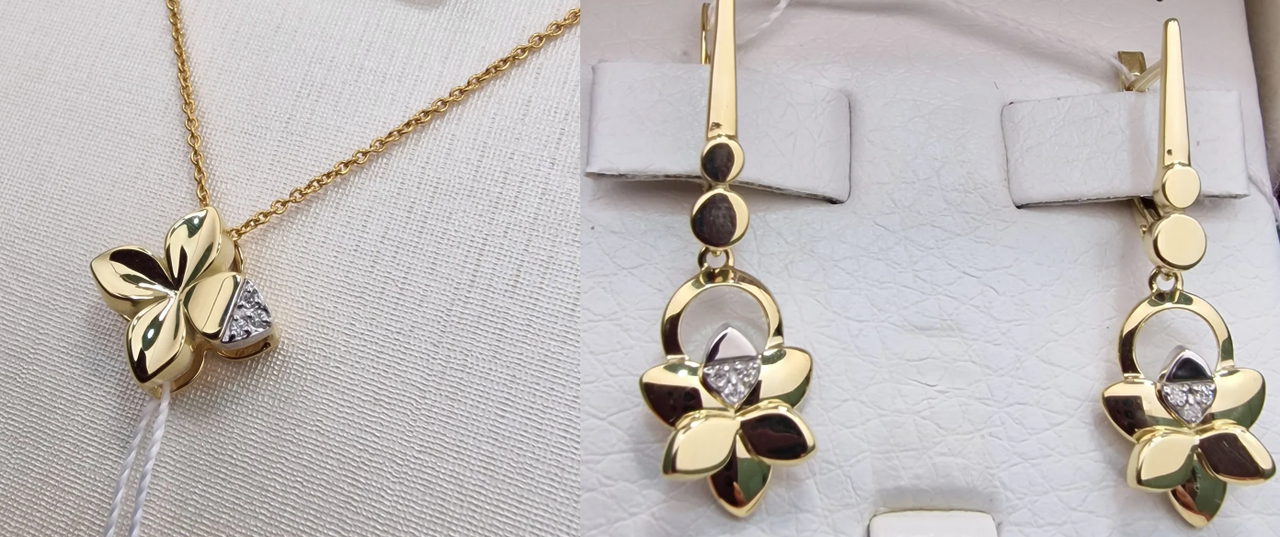 Золотой набор с бриллиантами (кулон 0.01Ct VS1/H, EX-Cut , серьги 0.03Ct VS1/H, EX-Cut )