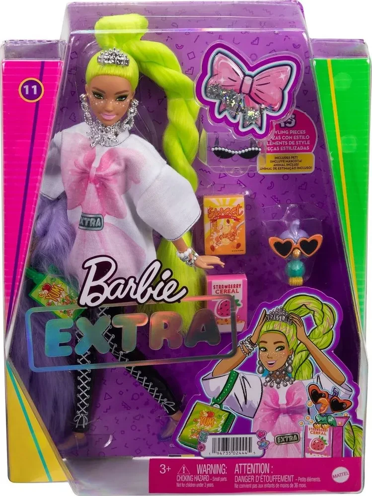 Barbie Экстра Модная Кукла с зелеными неоновыми волосами в розовой кофте Барби HDJ44