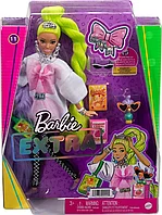 Barbie Экстра Модная Кукла с зелеными неоновыми волосами в розовой кофте Барби HDJ44