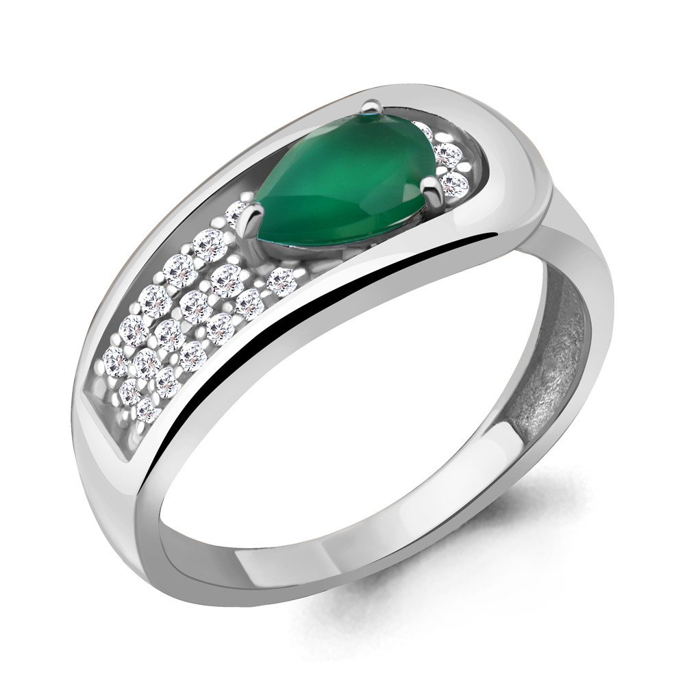 Кольцо из серебра Агат зеленый Фианит Aquamarine 6969009А.5 покрыто родием - фото 1 - id-p103072407