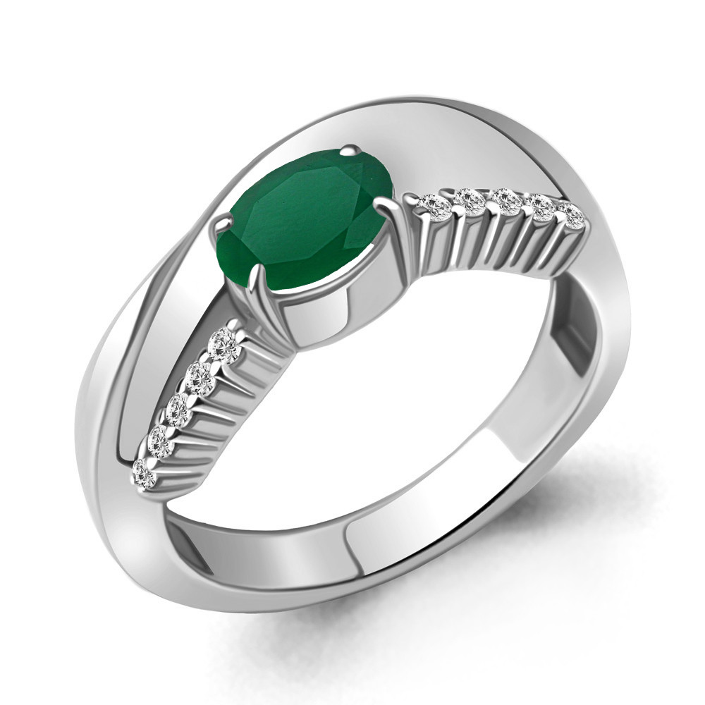 Кольцо из серебра  Агат зеленый  Фианит Aquamarine 6967809А.5 покрыто  родием