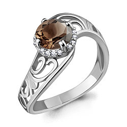 Серебряное кольцо  Кварц дымчатый  Фианит Aquamarine 6539401А.5 покрыто  родием