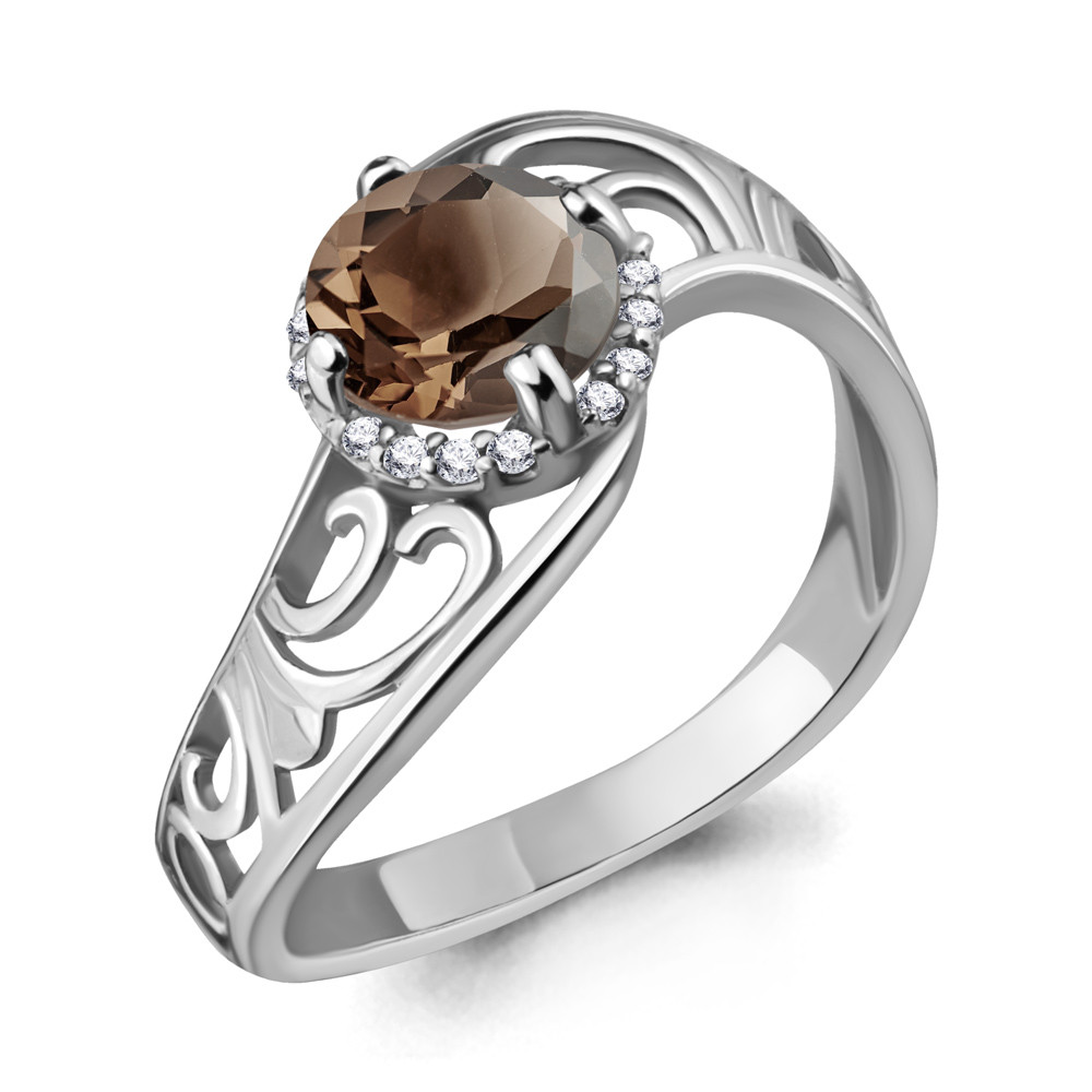 Серебряное кольцо Кварц дымчатый Фианит Aquamarine 6539401А.5 покрыто родием - фото 1 - id-p103073380
