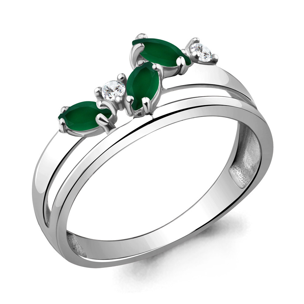 Кольцо из серебра  Агат зеленый  Фианит Aquamarine 6923609А.5 покрыто  родием