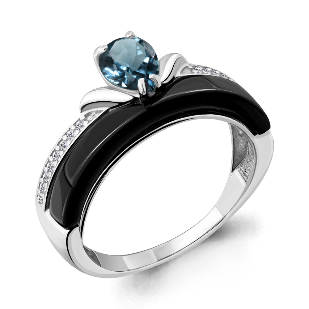 Серебряное кольцо  Топаз Лондон Блю  Керамическое покрытие  Фианит Aquamarine 6911008А.5 покрыто  родием