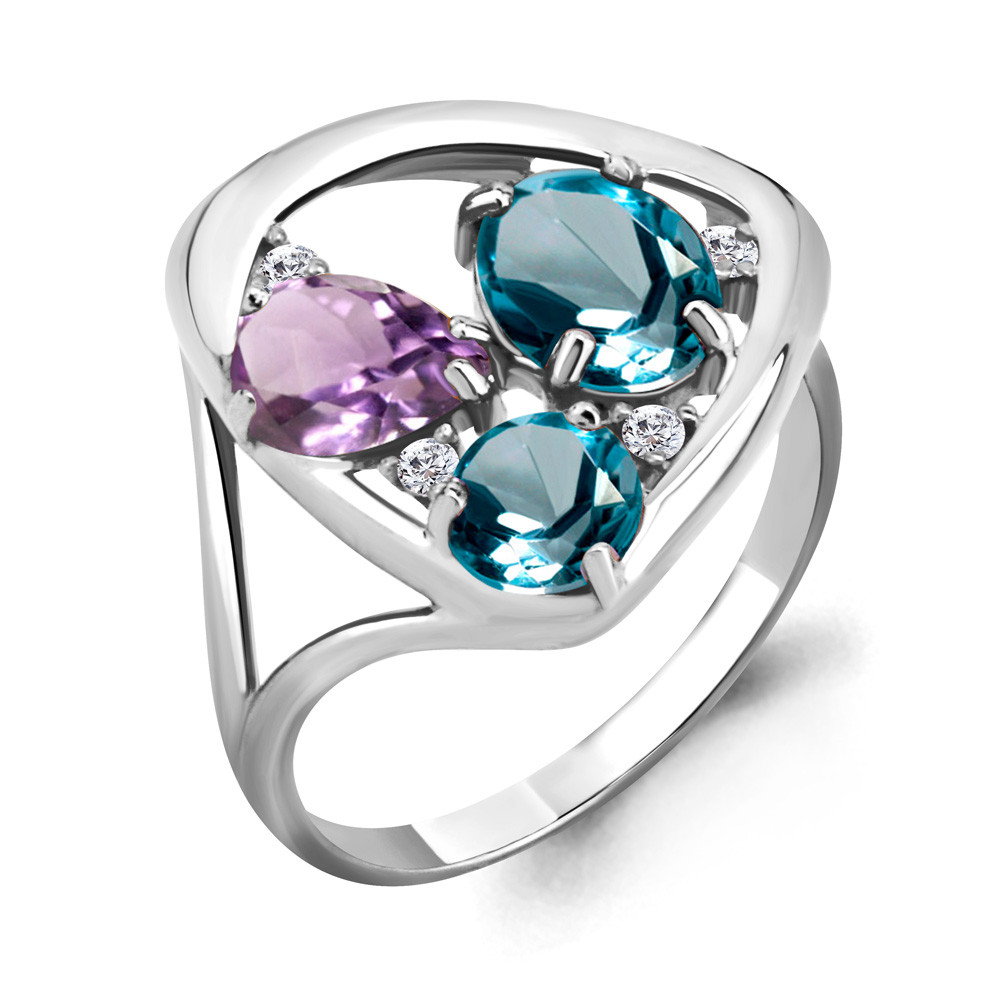 Серебряное кольцо  Аметист  Топаз Лондон Блю  Фианит Aquamarine 6905432А.5 покрыто  родием