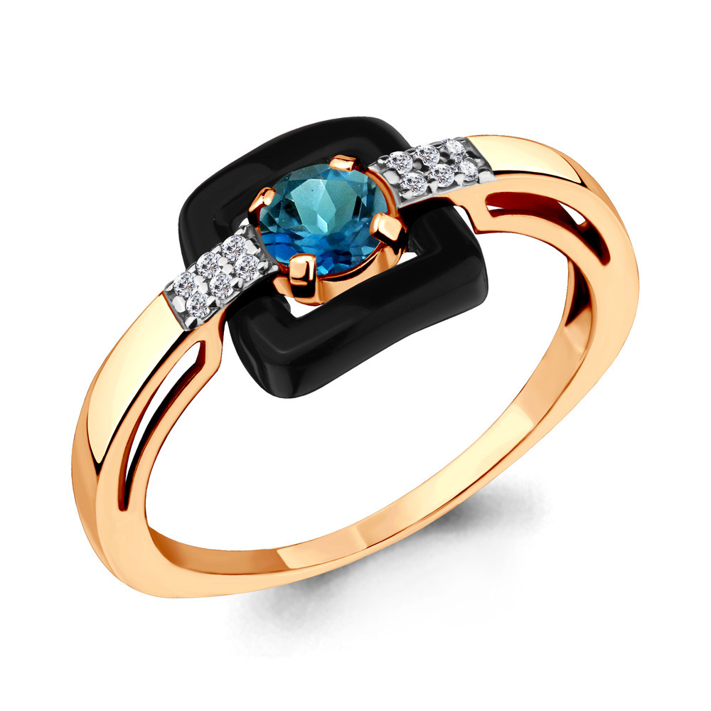 Серебряное кольцо  Топаз Лондон Блю  Керамическое покрытие  Фианит Aquamarine 6910608А.6 позолота коллекц. Neo