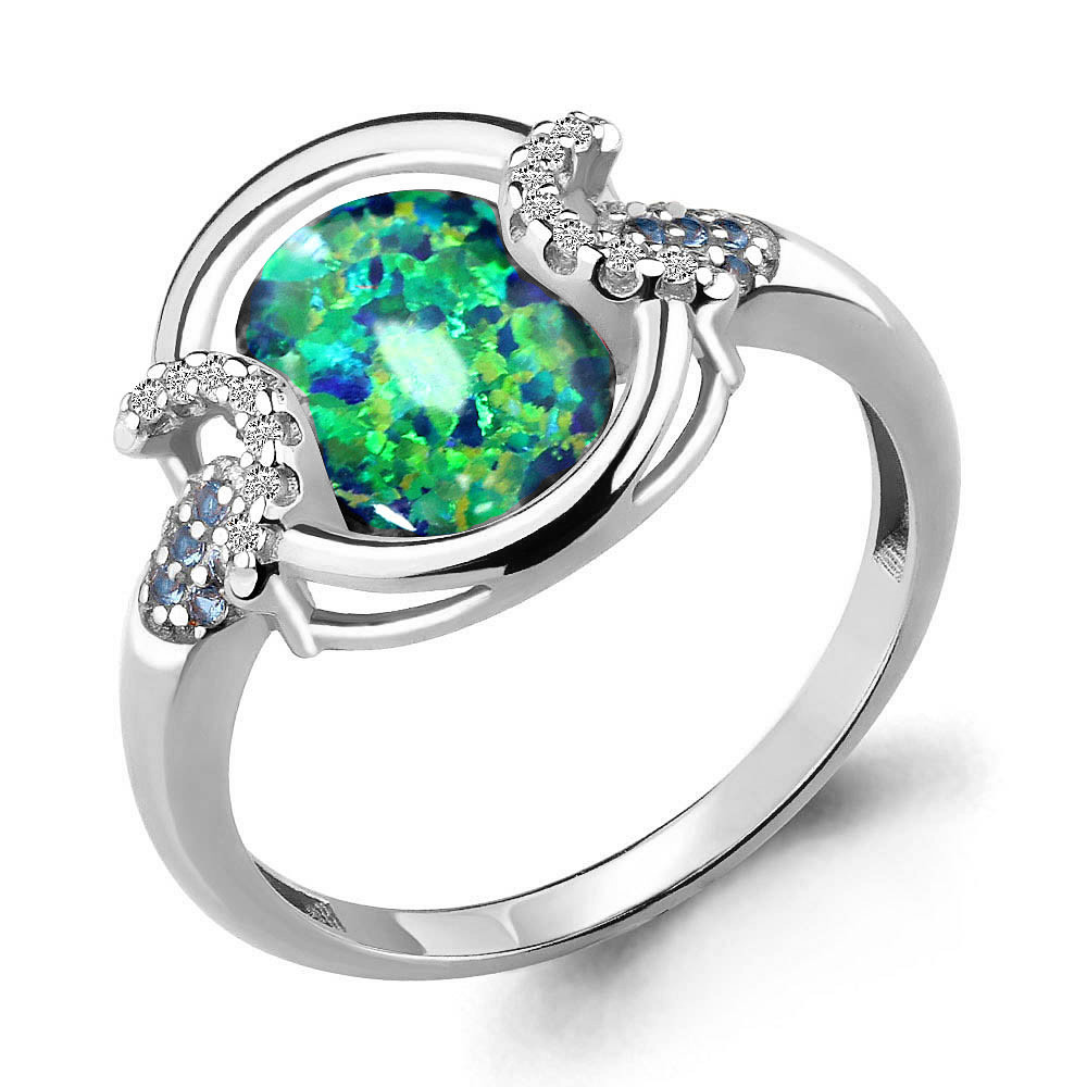 Серебряное кольцо  Опал изумрудный  Фианит  Наносапфир Aquamarine 6599196Б.5 покрыто  родием коллекц. Флёр