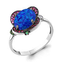 Серебряное кольцо Опал сапфировый Корунд рубиновый Наноизумруд Фианит Aquamarine 6598595ВГ.5 покрыто
