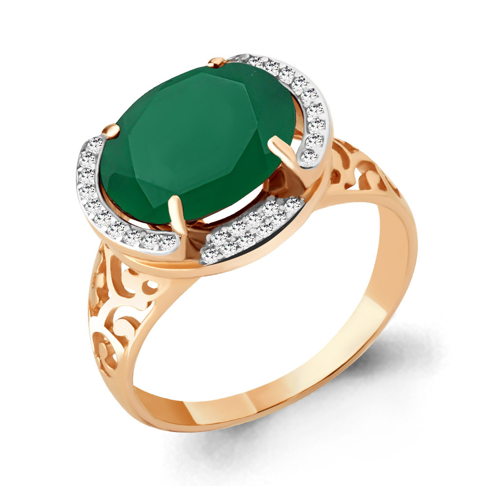 Серебряное кольцо  Агат зеленый  Фианит Aquamarine 6580009А.6 позолота