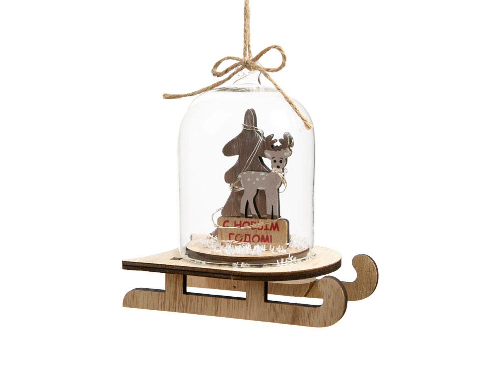 Новогоднее украшение Олень в колбе из древесины тополя и стекла, со светодиодной подсветкой, в комплекте с