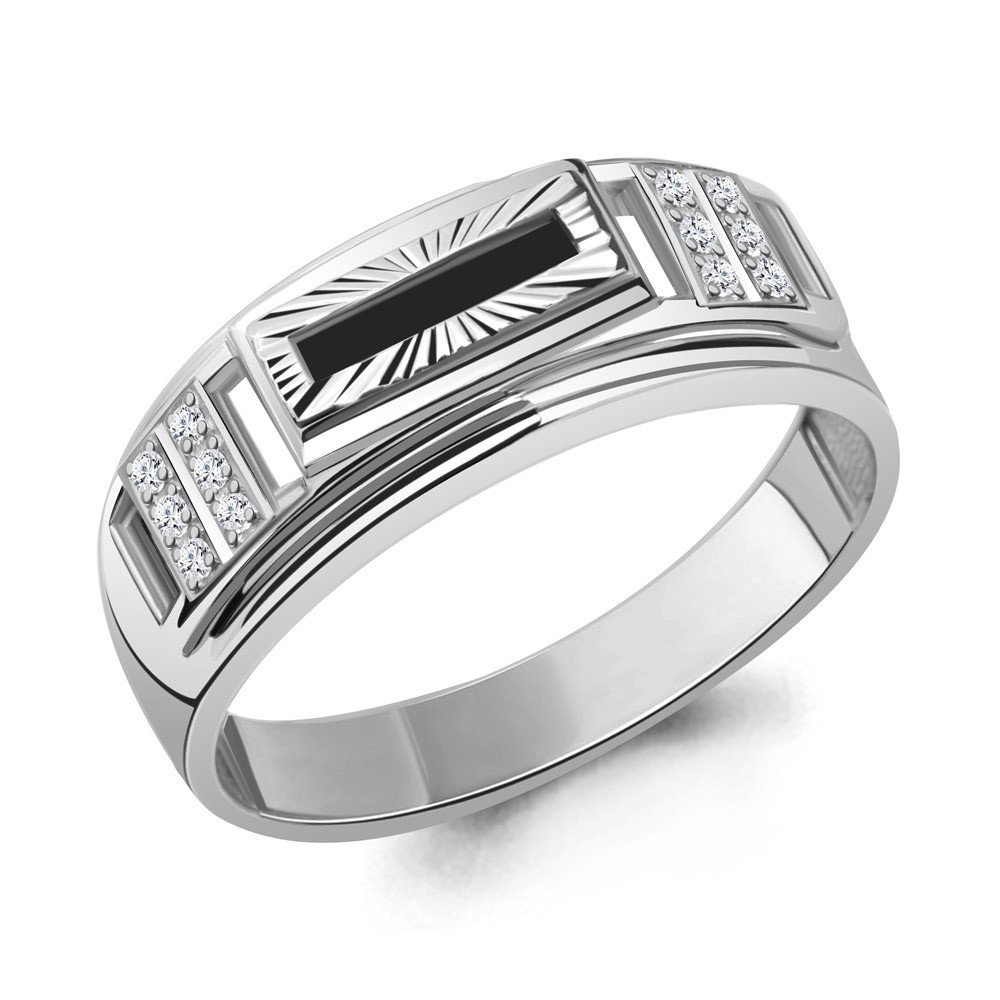 Мужское серебряное кольцо, печатка, Фианит, Фианит черный Aquamarine 61007Ч.5 покрыто родием - фото 1 - id-p103135117