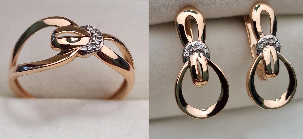 Золотой набор с бриллиантами (кольцо 0.020Сt VS1/G, VG - Cut, серьги 0.034Ct VS1/G, VG-Cut)