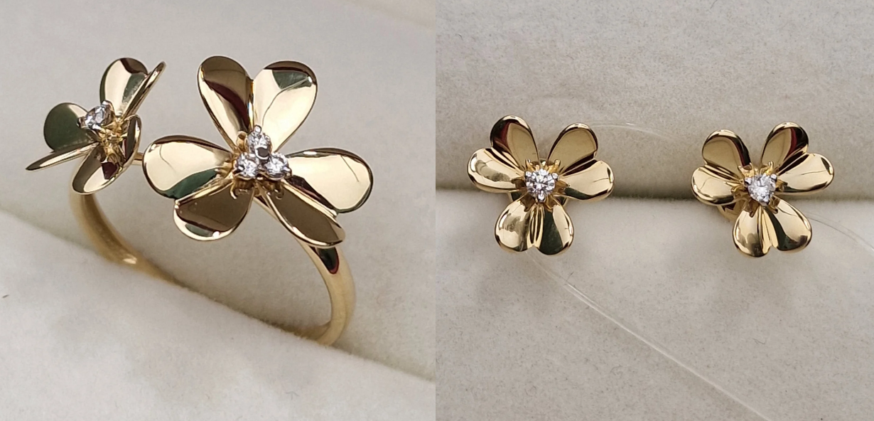 Золотой набор с бриллиантами (кольцо 0.041Сt VS1/G, VG - Cut, серьги 0.03Ct VS1/G, VG-Cut)