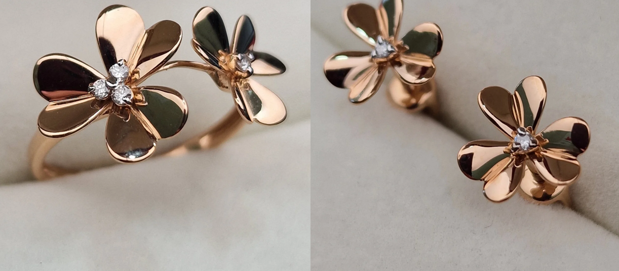 Золотой набор с бриллиантами (кольцо 0.041Сt VS1/G, VG - Cut, серьги 0.013Ct VS1/G, VG-Cut )