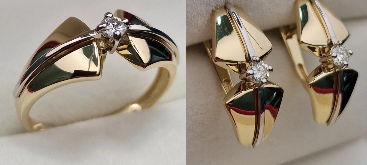 Золотой набор с бриллиантами (кольцо 0.1Сt S1/H VG - Cut , серьги 0.22Ct S1-SI2/K, VG-Cut )