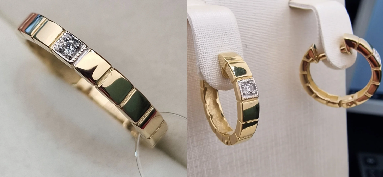 Золотой набор с бриллиантами (кольцо 0.022Сt VS2/H, VG - Cut , серьги 0.048Ct VS2/H, VG-Cut )