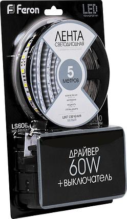 Лента светодиодная, 60SMD(5050)/m 14.4W/m 12V 3m 6500К c драйвером, LS606 с адаптером с вилкой в ком, фото 2